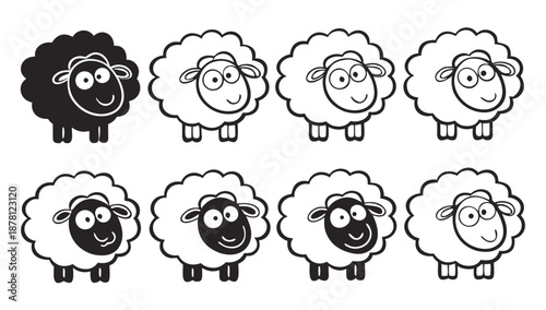 A playful collection of cartoon sheep with varying shades of wool and smiling expressions shown in a grid pattern