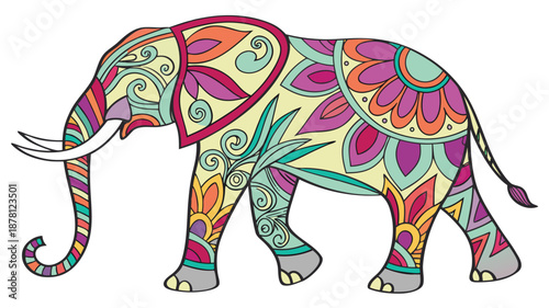 Vibrant elephant illustration with intricate colorful patterns and designs on its body high quality professional detailed