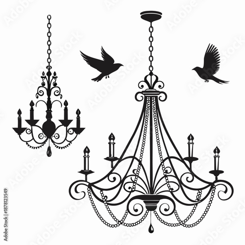 Elegant chandeliers with delicate designs are paired with soaring birds in a black and white illustration