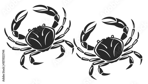 Two black crabs facing each other on a white background in a graphic illustration style