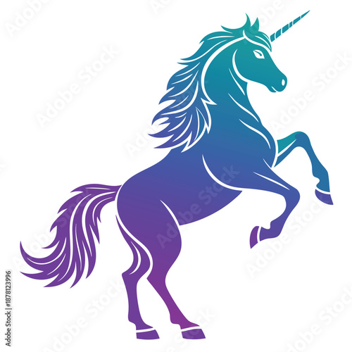 A majestic unicorn rears on its hind legs showcasing a flowing mane and a single spiraling horn