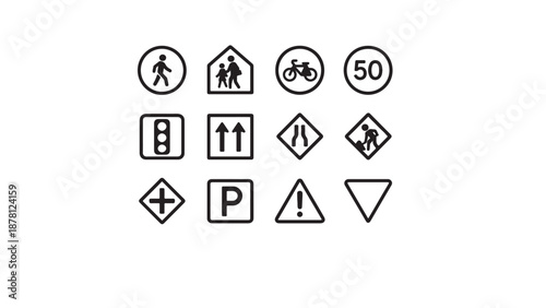 Comprehensive collection of regulatory road signs including speed limit 50, pedestrian crossing, bicycle lane, school zone, parking, and construction warning icons for traffic control