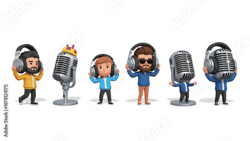 Group of diverse cartoon characters singing into vintage microphones