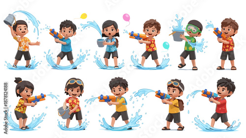 Children playing with water splashes and having fun outdoors