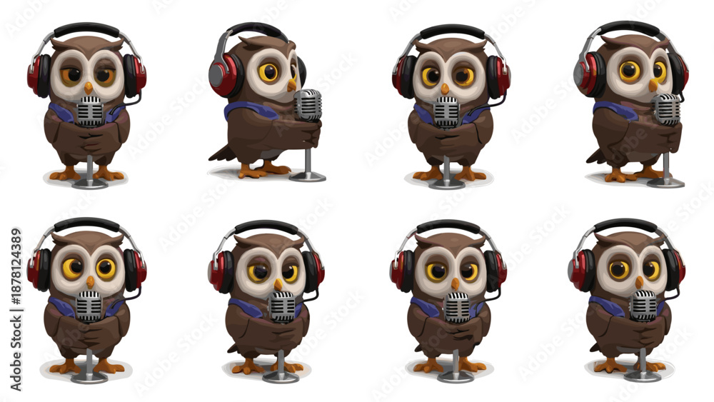 Fototapeta premium Cute owl figurine with headphones and glasses, detailed collectible