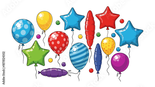 Colorful birthday balloons and stars celebration decoration