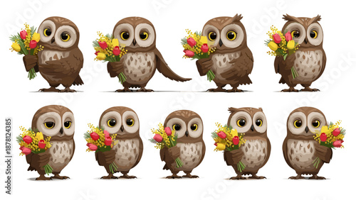 Cute cartoon owls holding flowers and smiling