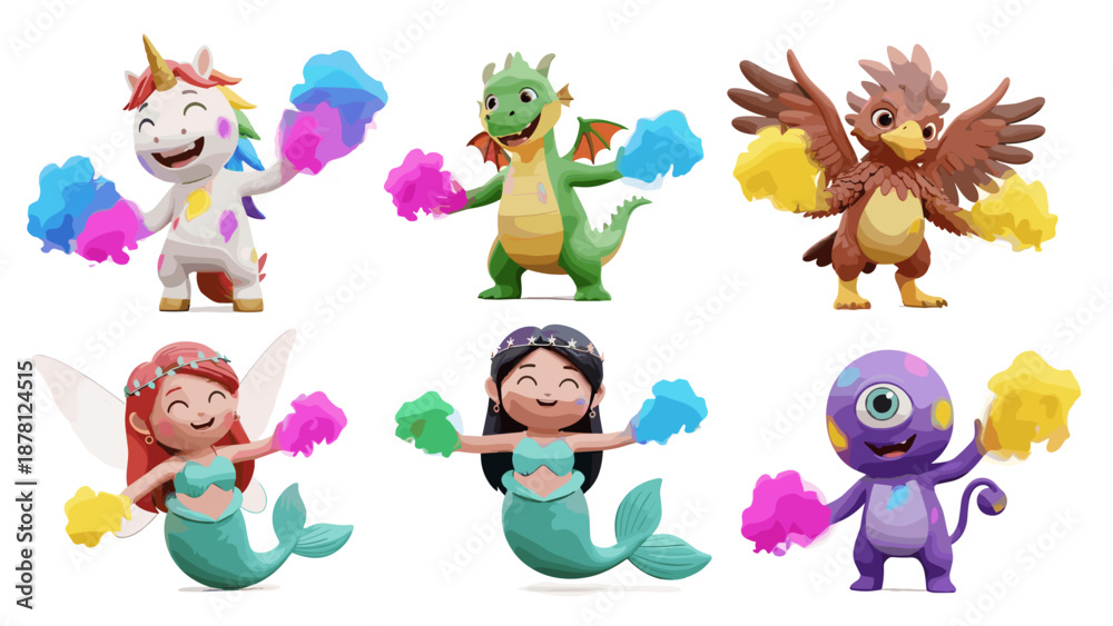 Naklejka premium Collection of colorful cartoon monsters and mermaid characters