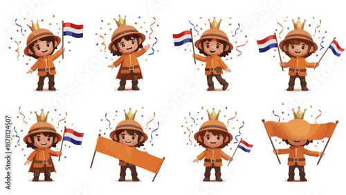 Cute cartoon girl dressed as a patriotic soldier holding flags