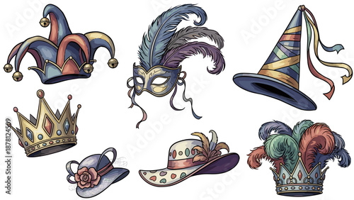 Collection of colorful carnival masks and accessories for celebration