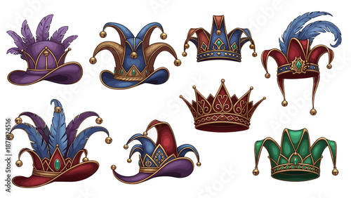 Collection of colorful jester hats with ornate designs and feathers