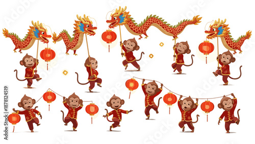 Festive chinese new year celebration with dancing lion costumes and lanterns