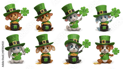 Cute cartoon leprechaun characters celebrating st patricks day