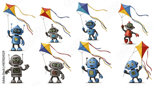 Collection of cartoon robots flying colorful kites