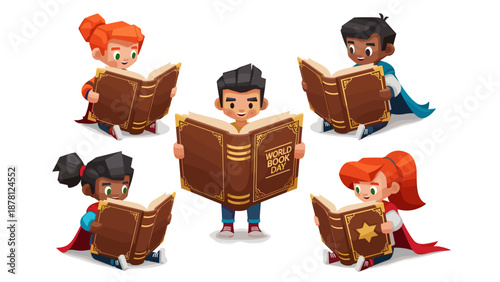 Group of diverse children reading books together in a classroom