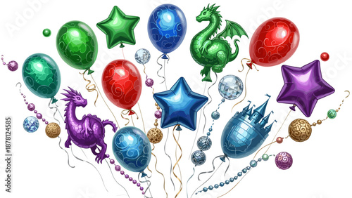 Colorful birthday balloons and confetti celebration