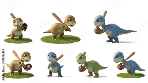 Collection of cartoon dinosaur characters in various colors and poses