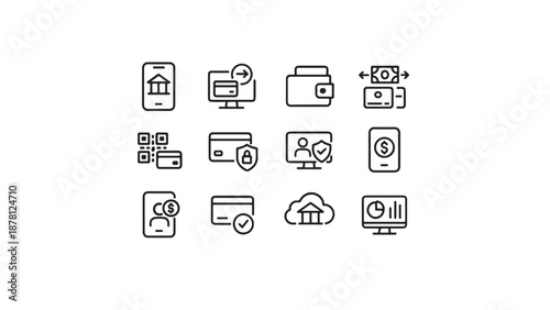 Clean black line financial and banking icons set illustrating online payment, secure transactions, digital wallet, analytics dashboard, cloud banking and modern fintech services for web and mobile app