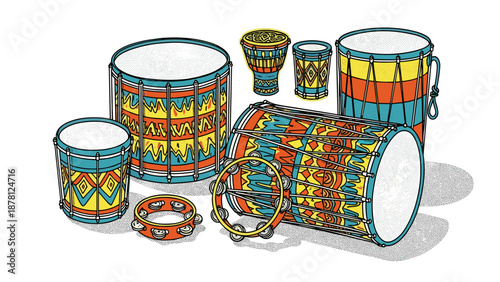 Set of colorful traditional drums and percussion instruments