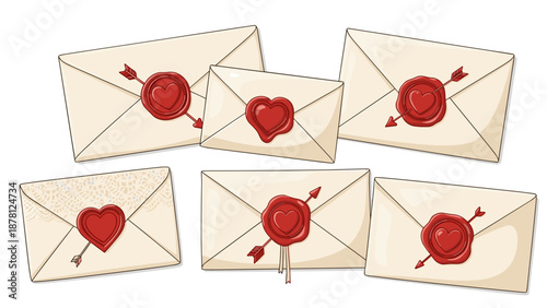 Collection of vintage love letters with red wax seals cream paper