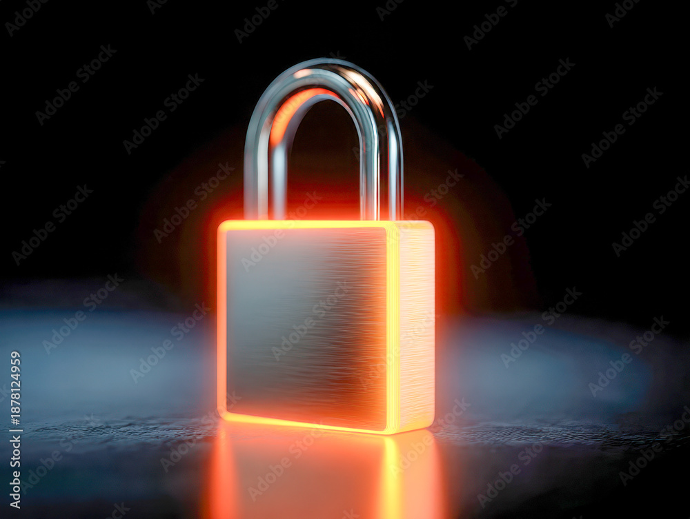 Fototapeta premium Metallic padlock glowing with bright orange neon light on dark background symbolizing cybersecurity and digital protection concepts in modern technology