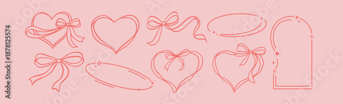 Coquette heart ribbon frames with bows in doodle hand drawn vintage style, romantic whimsical borders for Valentine's Day, wedding invitation, birthday card, love posters and feminine vector design