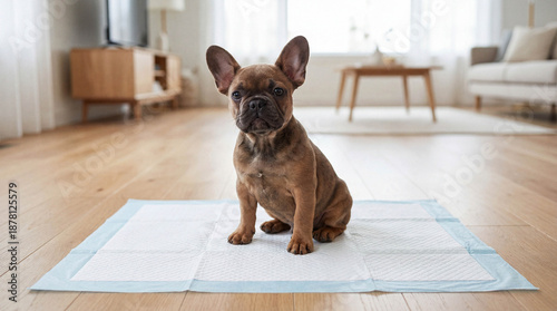 Cute brown French Bulldog puppy sitting on a potty training pad in a modern living room learning housebreaking obedience.