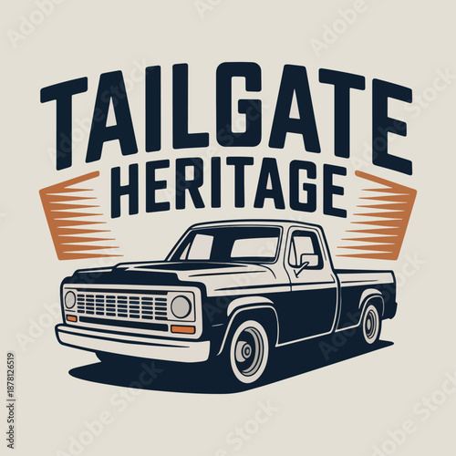 Tailgate Heritage pickup truck crest, retro classic vehicle shield logo for shows, garages, collectors and automotive lifestyle merchandise and branding