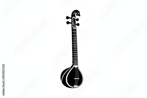 Sitar Musical Instrument: A monochromatic studio shot presents a sitar, an iconic instrument of music, a symbol of heritage. Capturing musical instrument with its long neck, and intricate detailing.