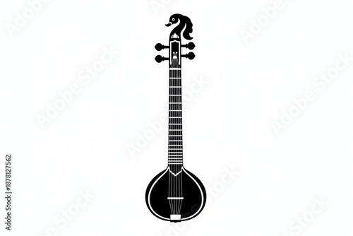 Sitar Illustration: An elegant, detailed black and white illustration of a sitar, a traditional stringed instrument of Indian heritage, ready to make melodious music.