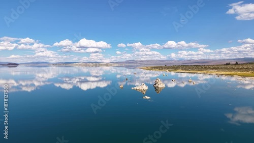 CALIFORNIA - 11.3.2025 - Gorgeous aerial view moving over tufa formations on California's Mono Lake.