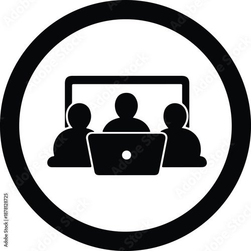 Silhouette business meeting people with laptop and screen in a circle illustration vector