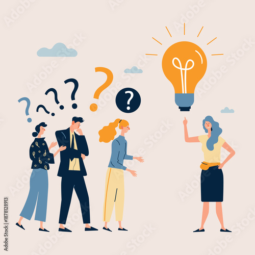 Group of people asking questions and finding solution with bright idea light bulb. Flat vector illustration of brainstorming, teamwork, problem solving, creativity, communication and innovation.