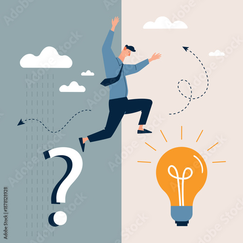 Businessman jumping from uncertainty and question mark to bright idea light bulb. Flat vector illustration of decision making, problem solving, risk taking, motivation, change and personal growth.