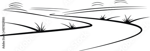 Silhouette winding road path through an open minimalist landscape illustration vector