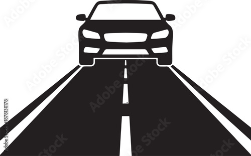 Black and white of a car driving on a straight road with dashed lines also transparent background vehicle
