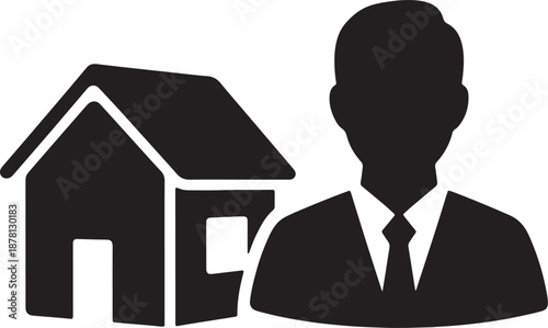 Black and white silhouette of a house and a man in a suit with a tie also transparent background