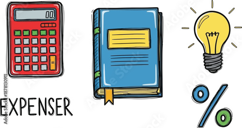Financial planning elements like a calculator, ledger book, lightbulb, and percentage sign are drawn in a cartoon style.