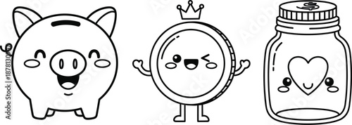 Cute collection of black and white line art drawings featuring a smiling piggy bank, a crowned coin character, and a heart.