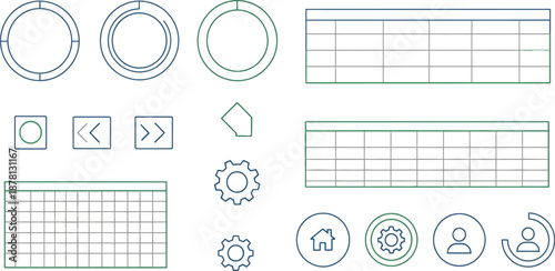 Minimalist set of blue and green thin line interface elements featuring tables, gears, and navigation controls.