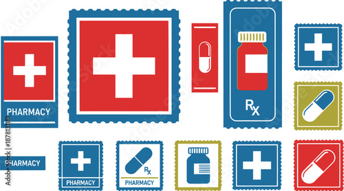 Assortment of pharmacy and medical cross icons displayed on stylized postage stamp graphics.