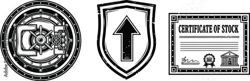 Black and white icons display financial security, upward growth, and official stock documentation.