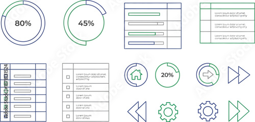 Various line art user interface elements display data visualization and navigation controls for web applications.