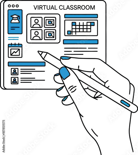 Hand holding a stylus interacts with a virtual classroom interface displaying student profiles and data charts on a screen.
