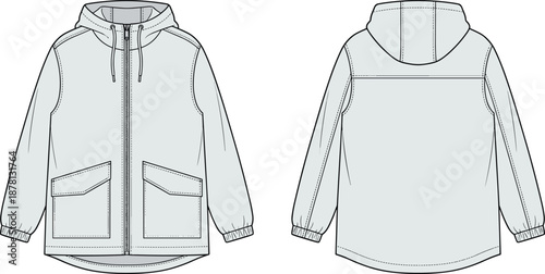 Hooded jacket technical sketch, front and back view, flap pockets, curved hem, elastic cuffs, flat vector illustration