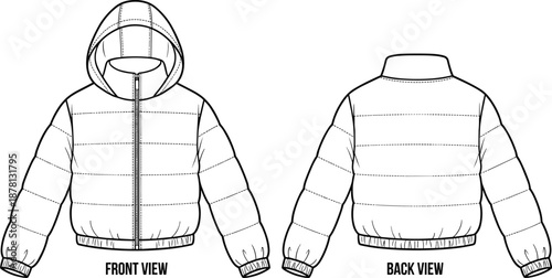 Hooded puffer jacket sketch, front and back view, zip closure, quilted design, elastic cuffs, flat vector illustration