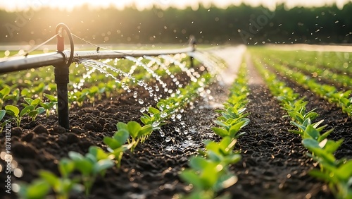 Irrigation system waters soy crop in the dry farmland countryside with drip equipment and green grass growing in the farm field