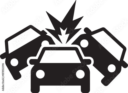 Three black cars colliding with a burst symbol in the center also transparent background collision impact
