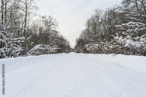 Fotografija A snowy road bordered by trees on both sides, covered in snow, extending into th