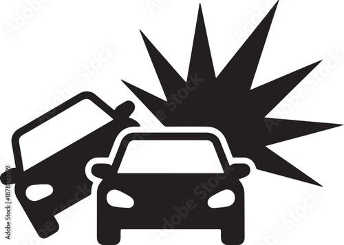 Two black and white cars colliding with an explosion symbol in the background transparent background also transparent background